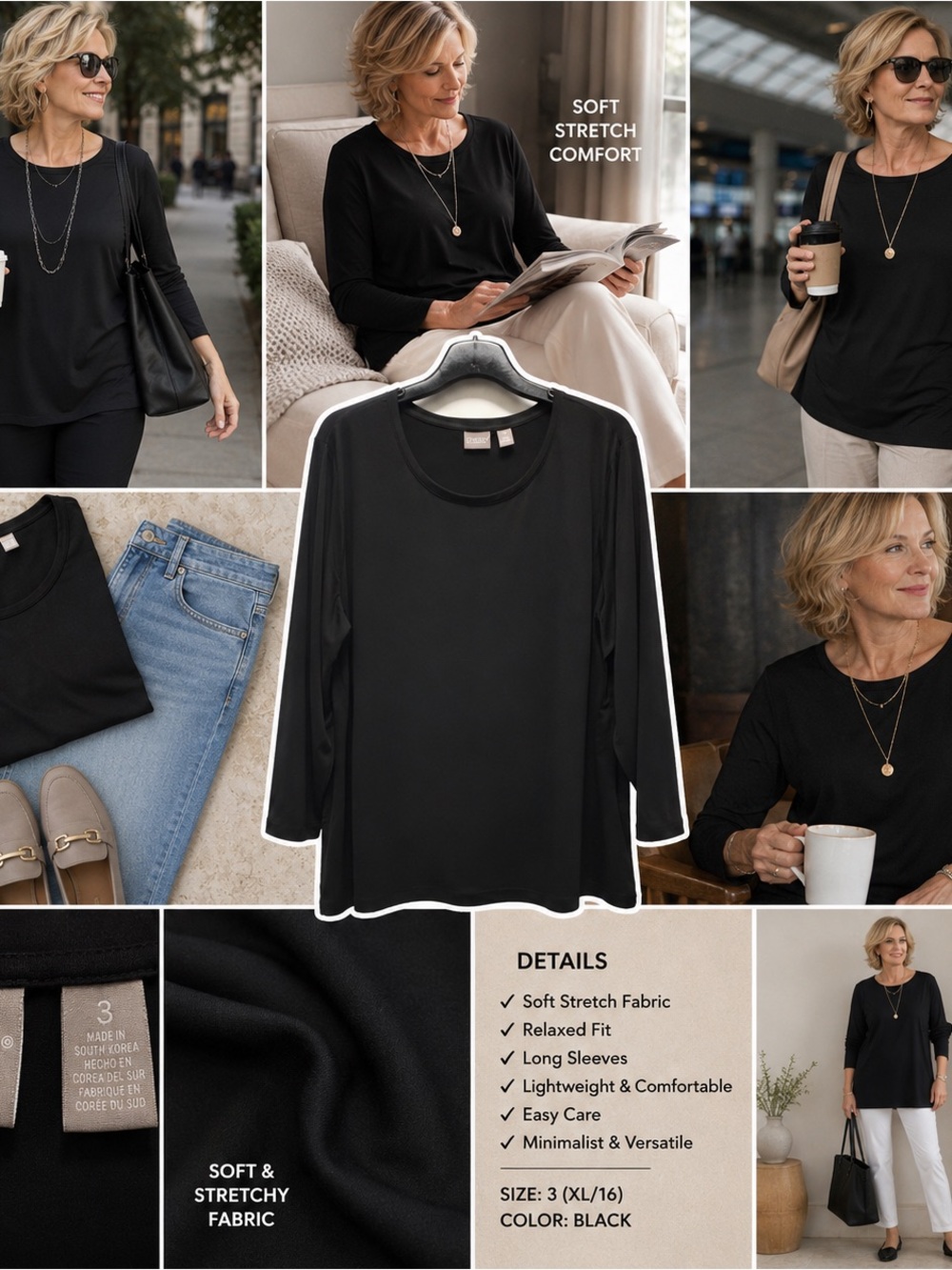 Chico’s Travelers Blouse Size 3 Black Stretch Minimalist Tunic Luxe Soft Capsule